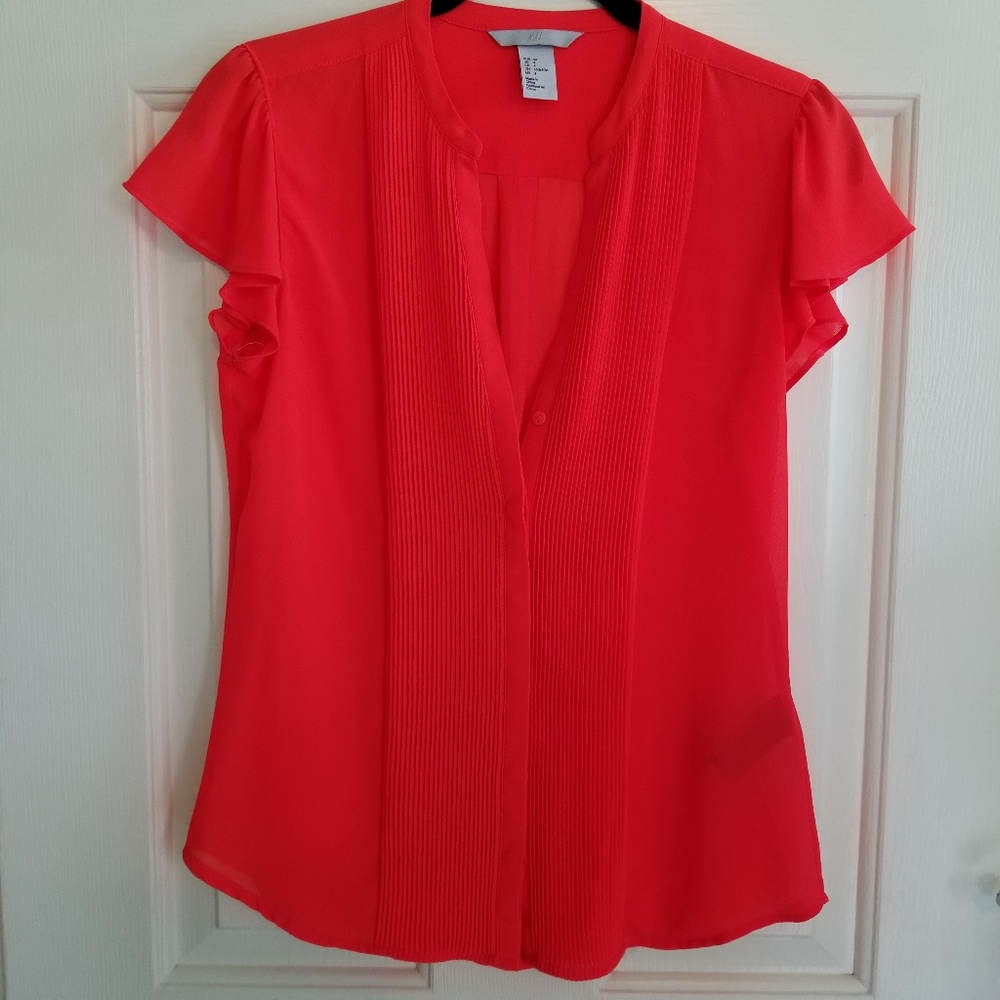 H&M neon orange silky short sleeve blouse